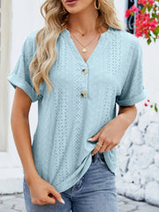 Eyelet Notched Short Sleeve Blouse Light Blue / S