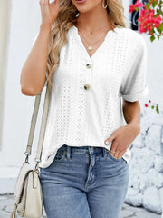 Eyelet Notched Short Sleeve Blouse White / S