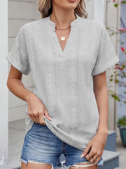 Eyelet Notched Short Sleeve Top