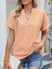 Eyelet Notched Short Sleeve Top