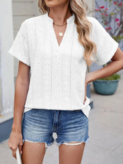 Eyelet Notched Short Sleeve Top
