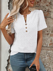 Eyelet Notched Short Sleeve Top