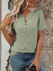Eyelet Notched Short Sleeve Top
