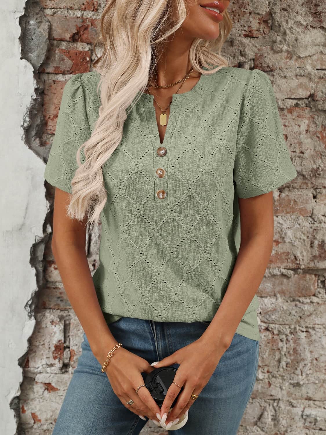 Eyelet Notched Short Sleeve Top Sage / S
