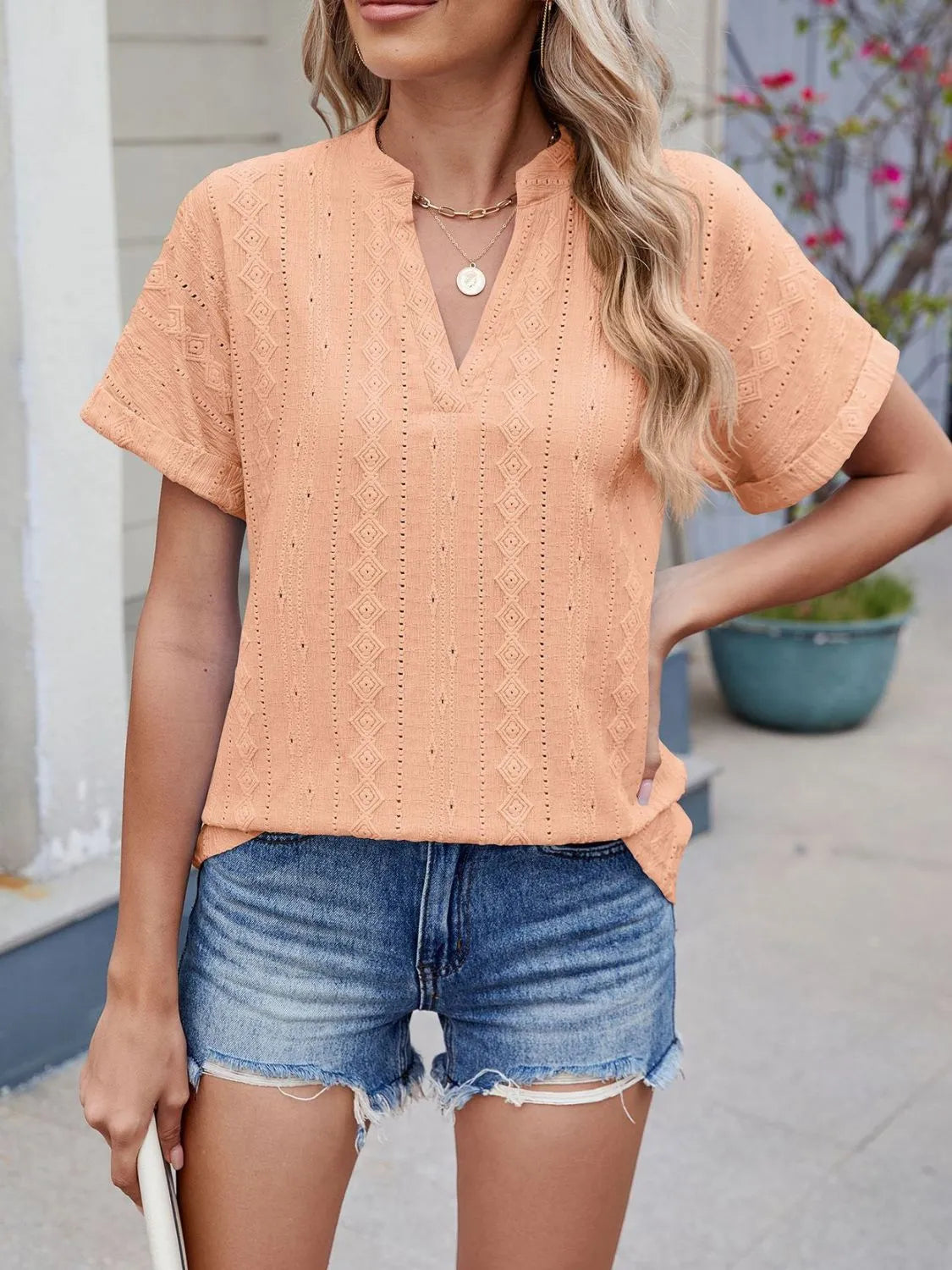 Eyelet Notched Short Sleeve Top Sherbet / S