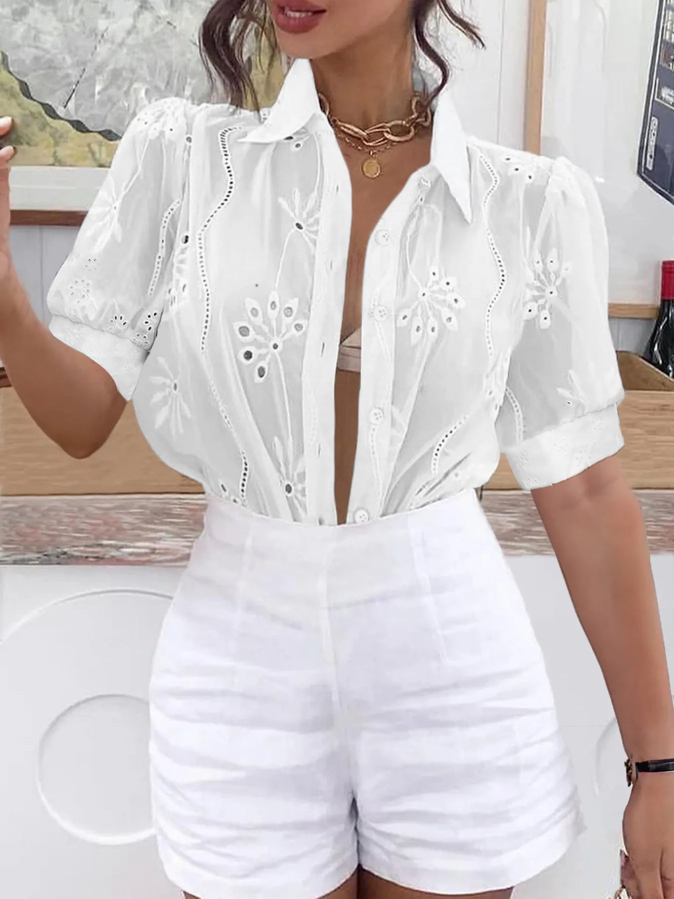 Eyelet Puff Sleeve Button-Up Shirt