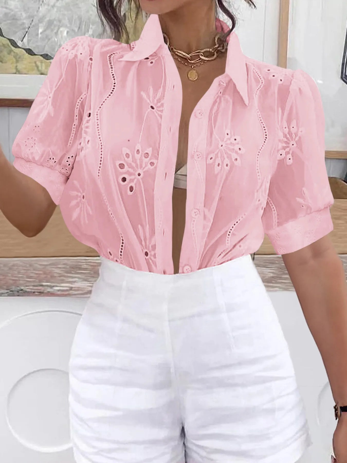 Eyelet Puff Sleeve Button-Up Shirt