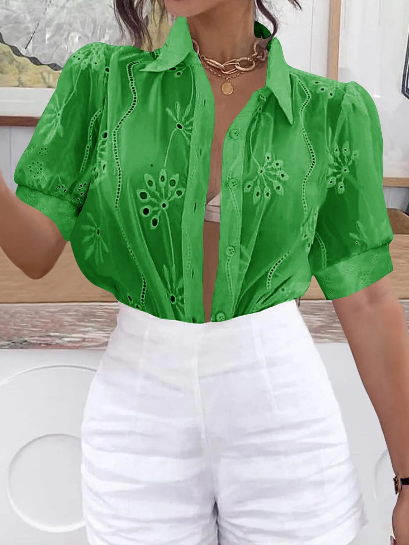 Eyelet Puff Sleeve Button-Up Shirt