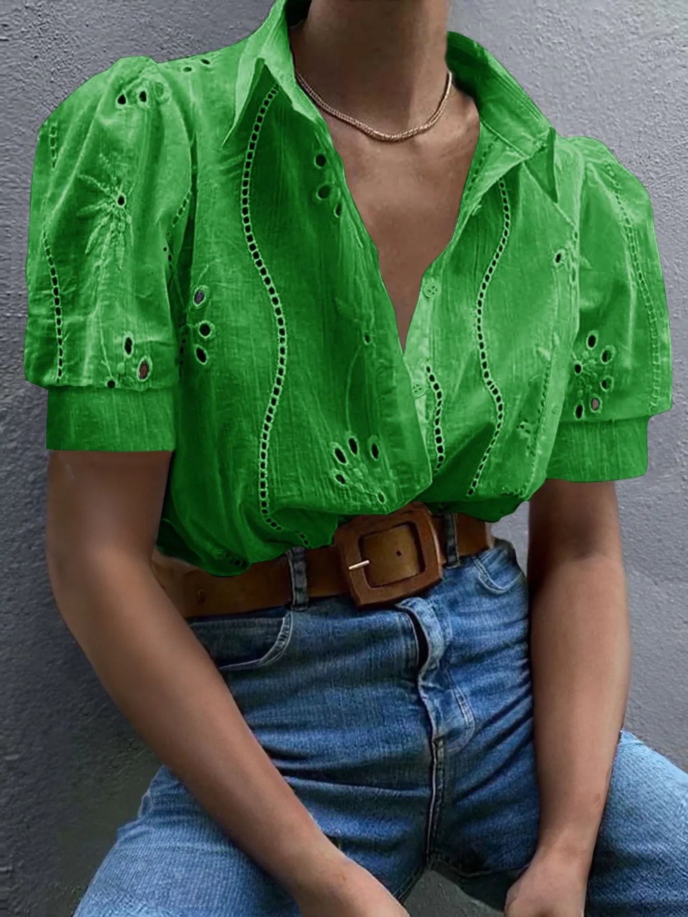 Eyelet Puff Sleeve Button-Up Shirt