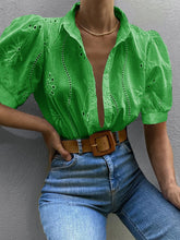 Eyelet Puff Sleeve Button-Up Shirt Green / S