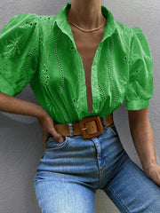 Eyelet Puff Sleeve Button-Up Shirt Green / S