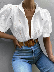Eyelet Puff Sleeve Button-Up Shirt White / S