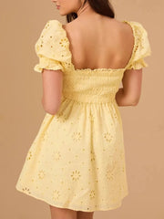 Eyelet Puff Sleeve Smocked Mini Dress