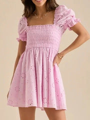 Eyelet Puff Sleeve Smocked Mini Dress