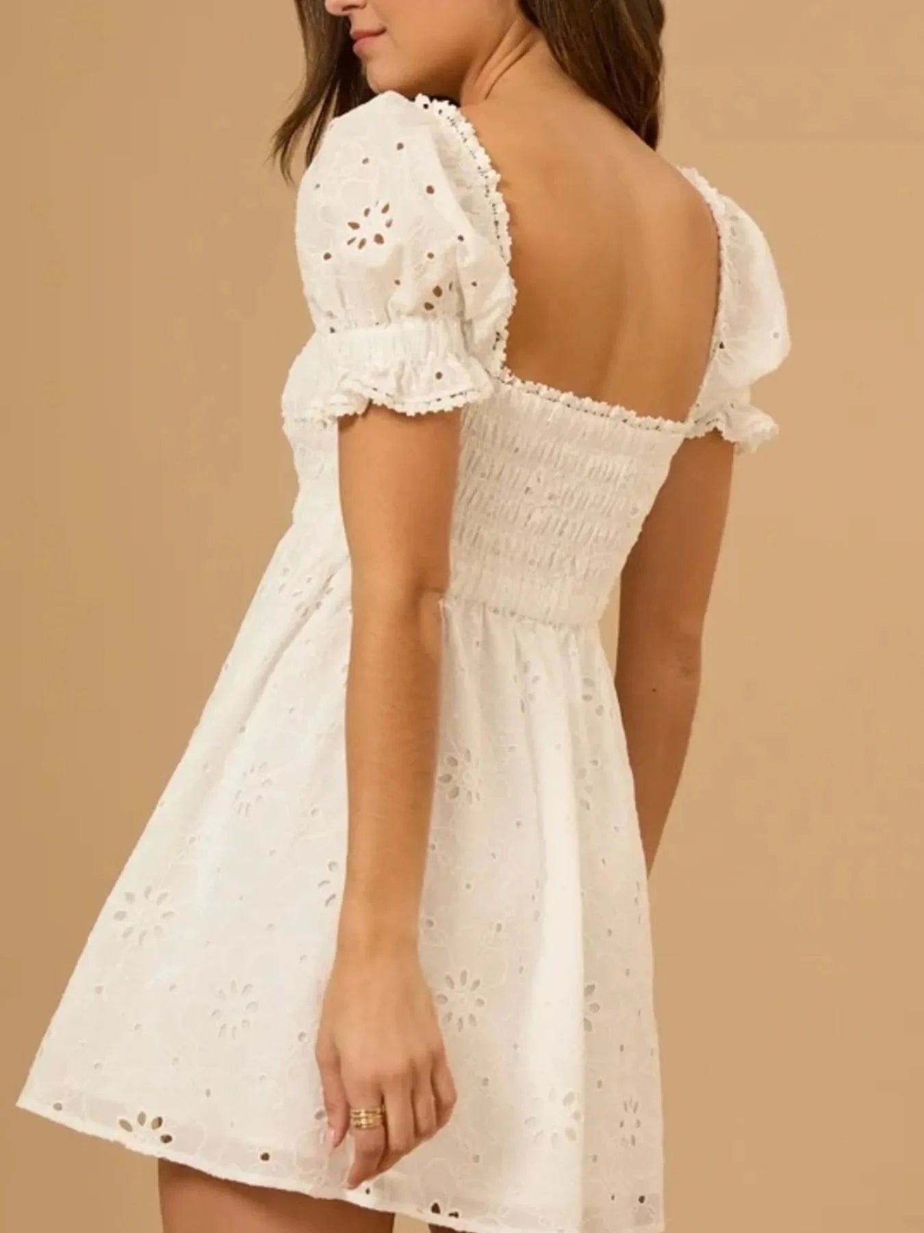 Eyelet Puff Sleeve Smocked Mini Dress