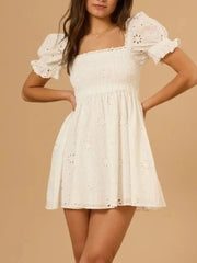Eyelet Puff Sleeve Smocked Mini Dress