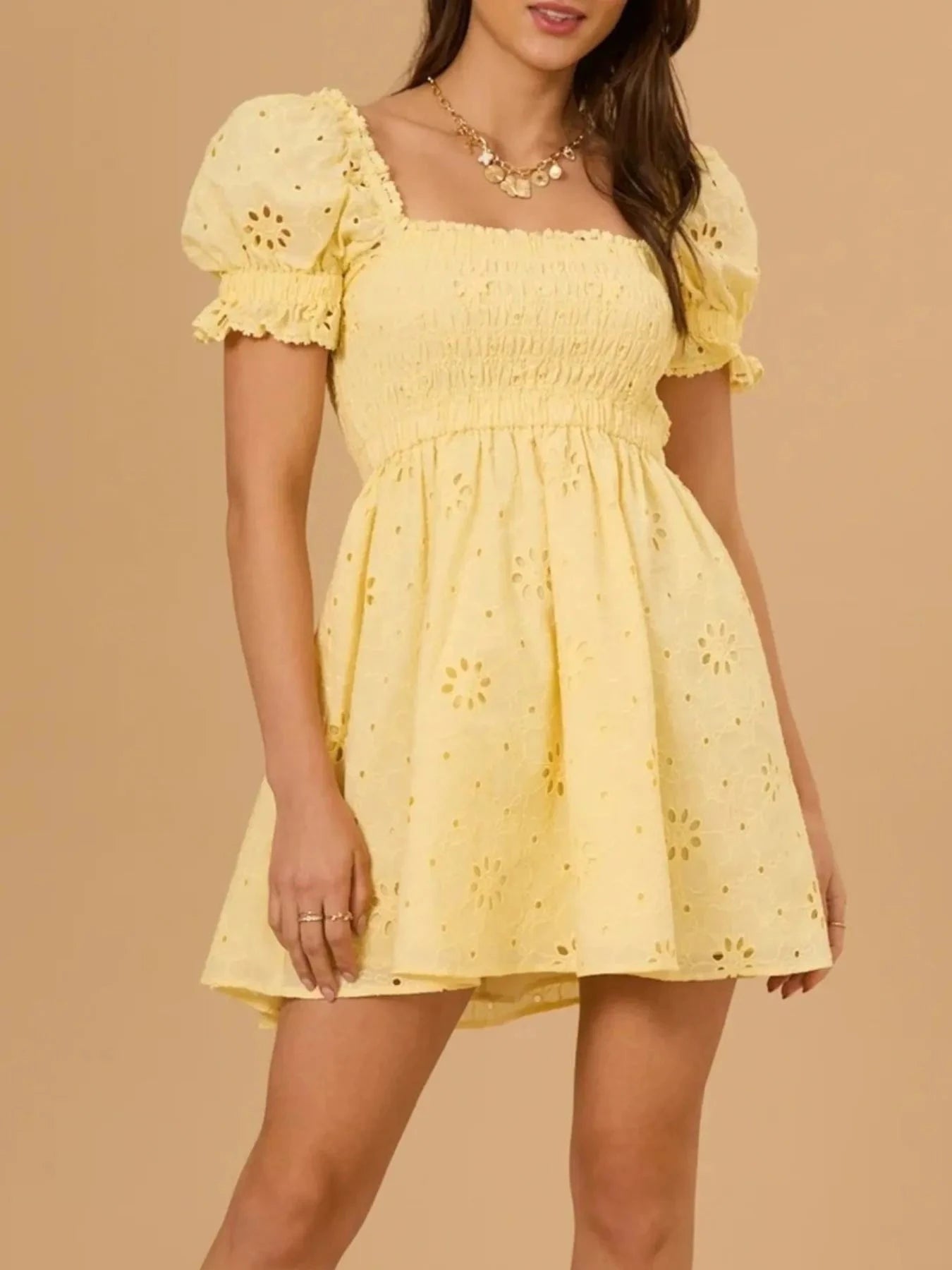 Eyelet Puff Sleeve Smocked Mini Dress