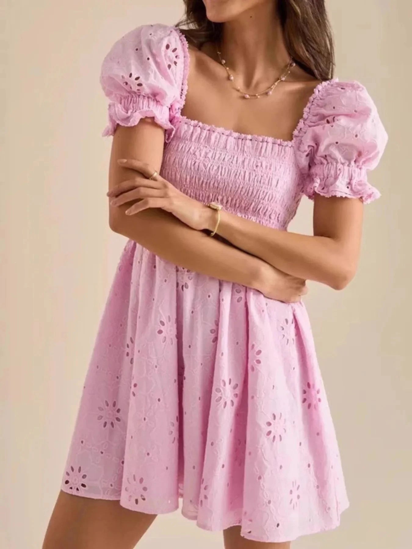 Eyelet Puff Sleeve Smocked Mini Dress Pink / S