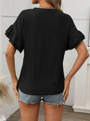Eyelet Round Neck Flounce Sleeve Top