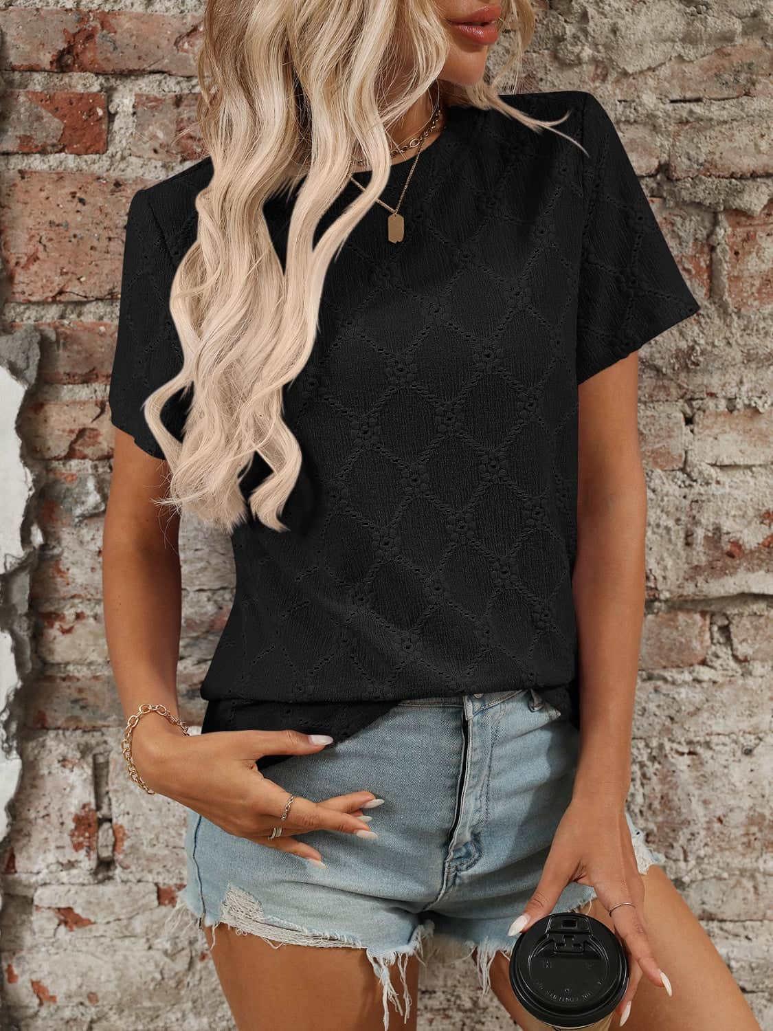 Eyelet Round Neck Short Sleeve Top Black / S