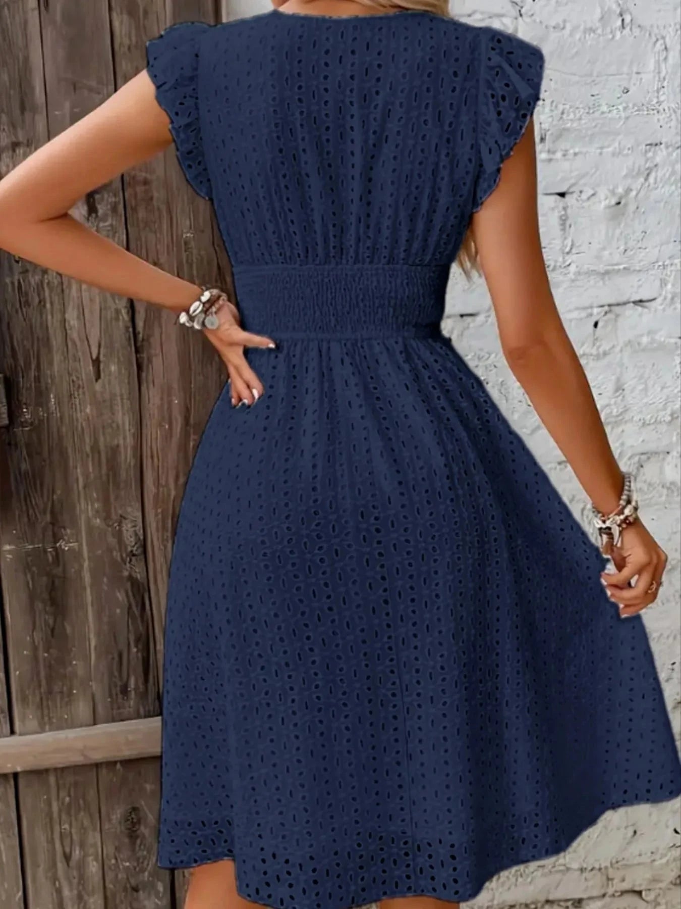 Eyelet Ruffled Cap Sleeve Mini Dress