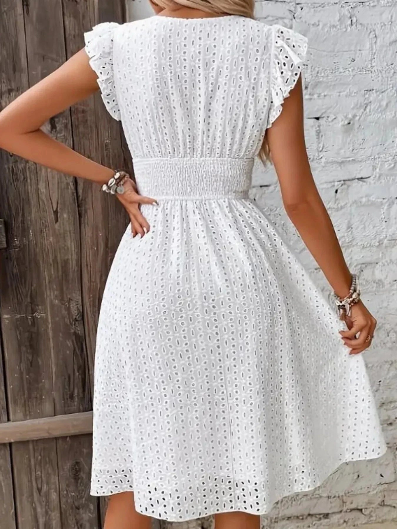 Eyelet Ruffled Cap Sleeve Mini Dress