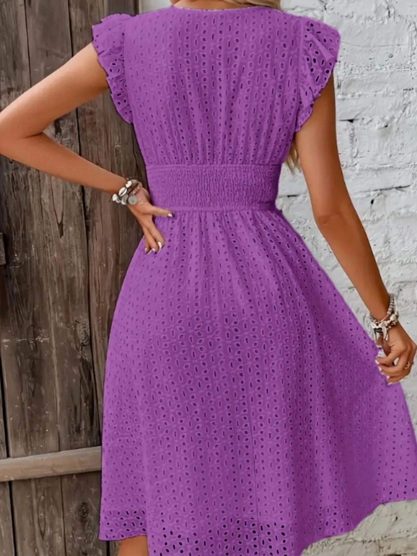 Eyelet Ruffled Cap Sleeve Mini Dress