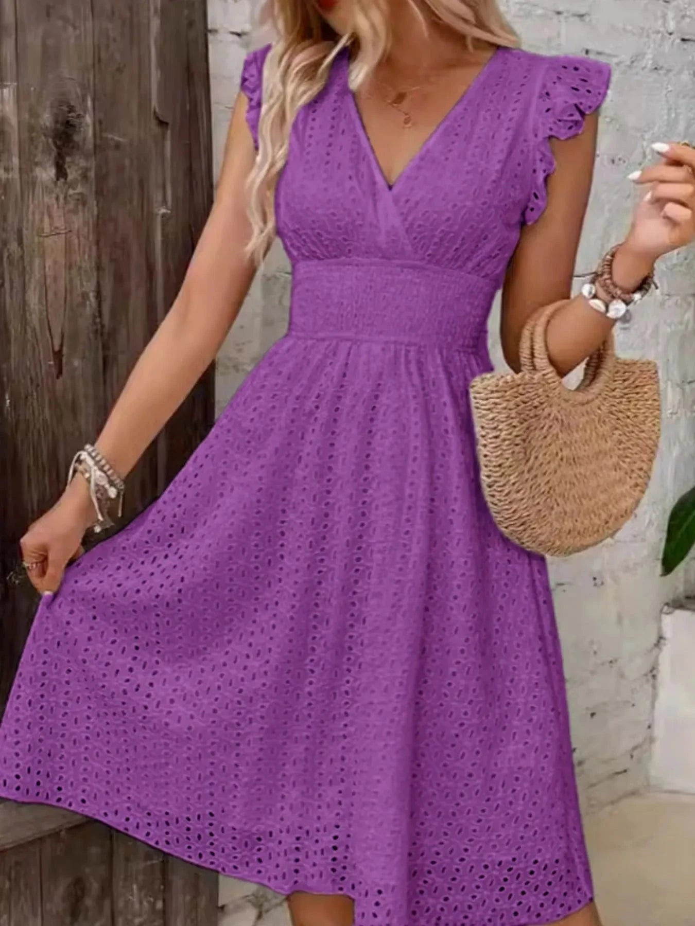 Eyelet Ruffled Cap Sleeve Mini Dress