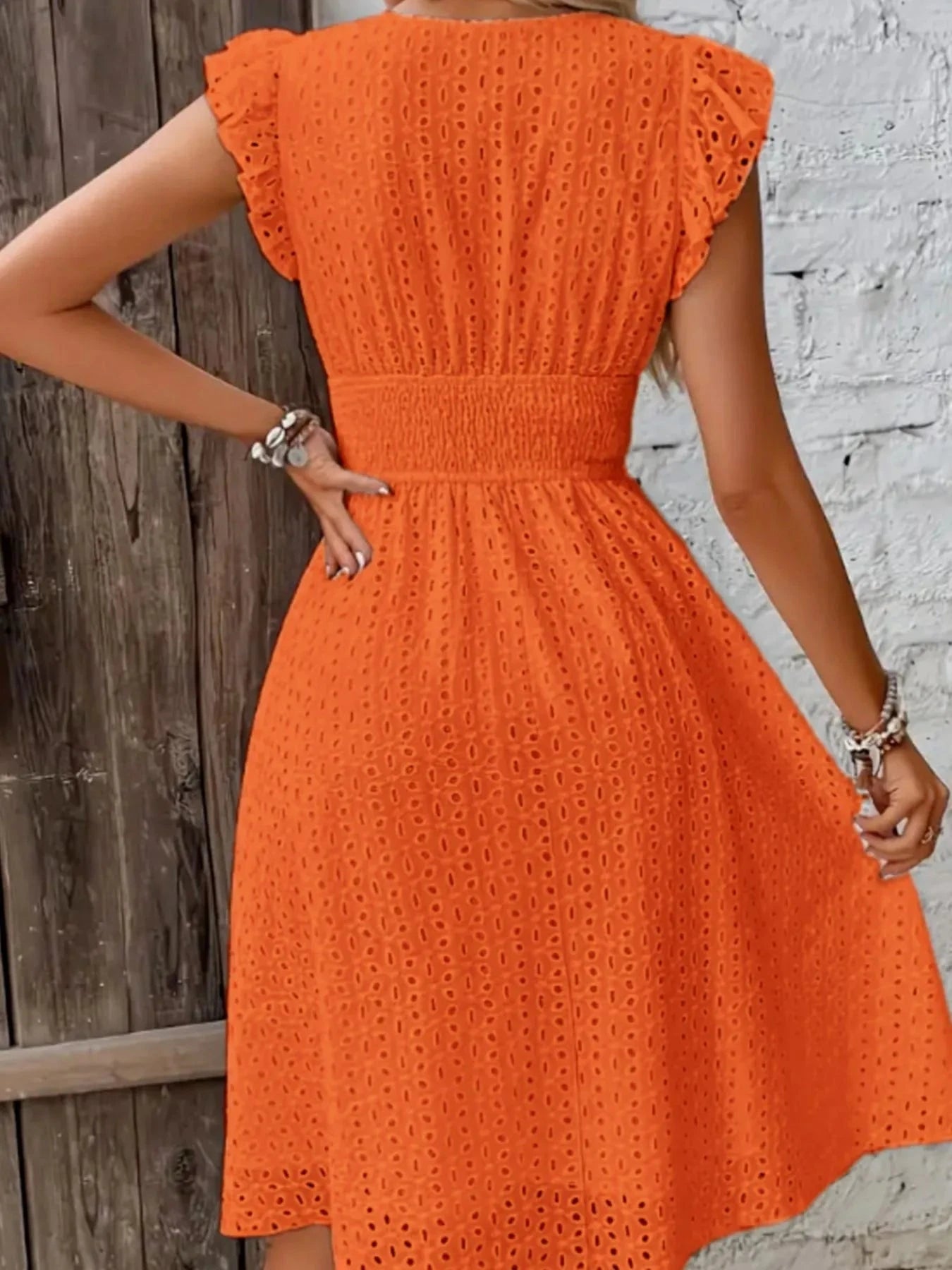 Eyelet Ruffled Cap Sleeve Mini Dress