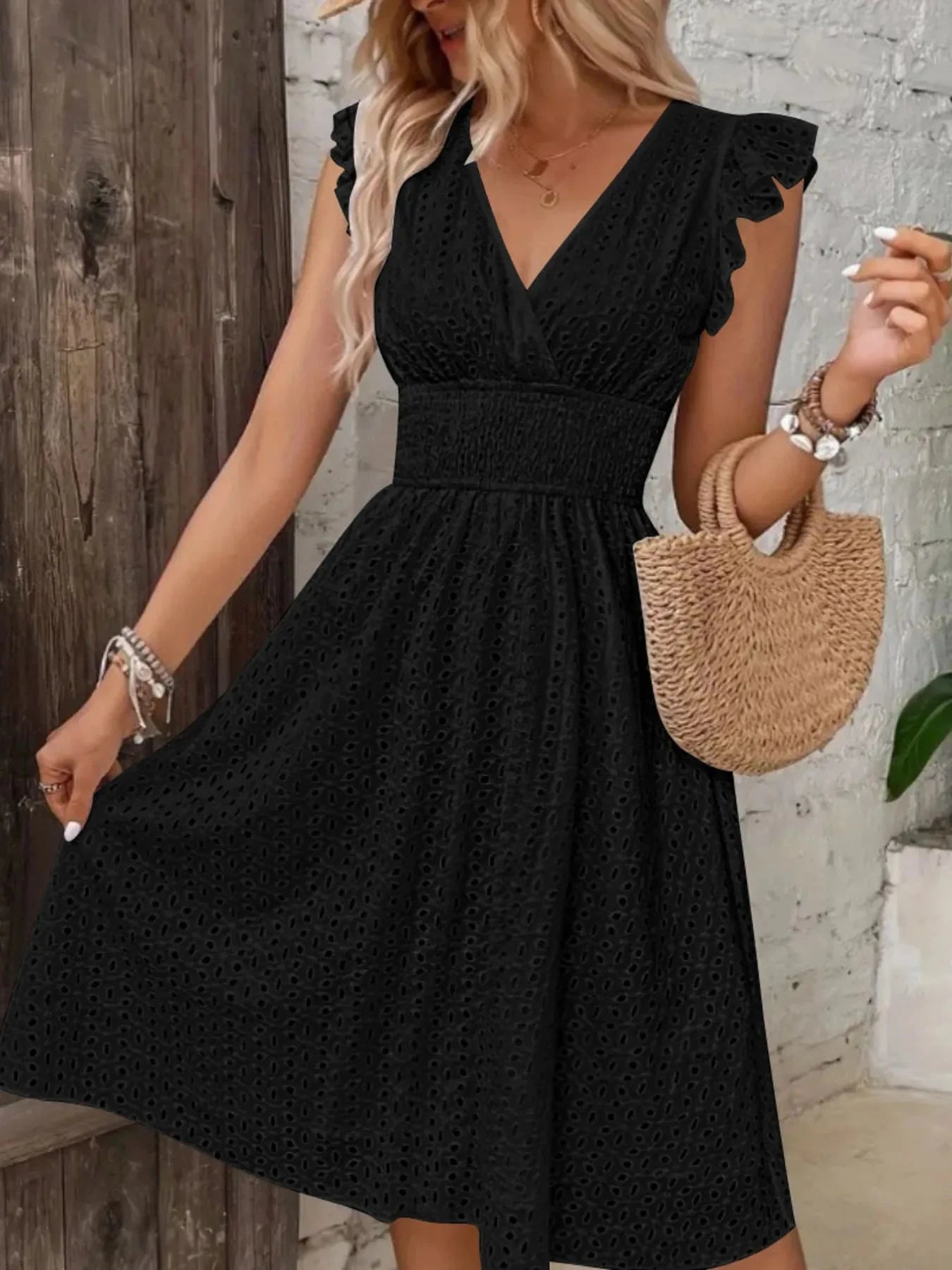 Eyelet Ruffled Cap Sleeve Mini Dress