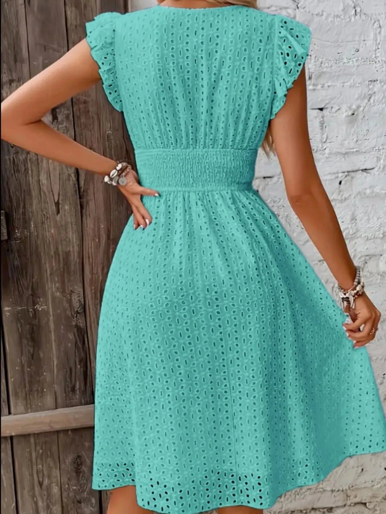 Eyelet Ruffled Cap Sleeve Mini Dress