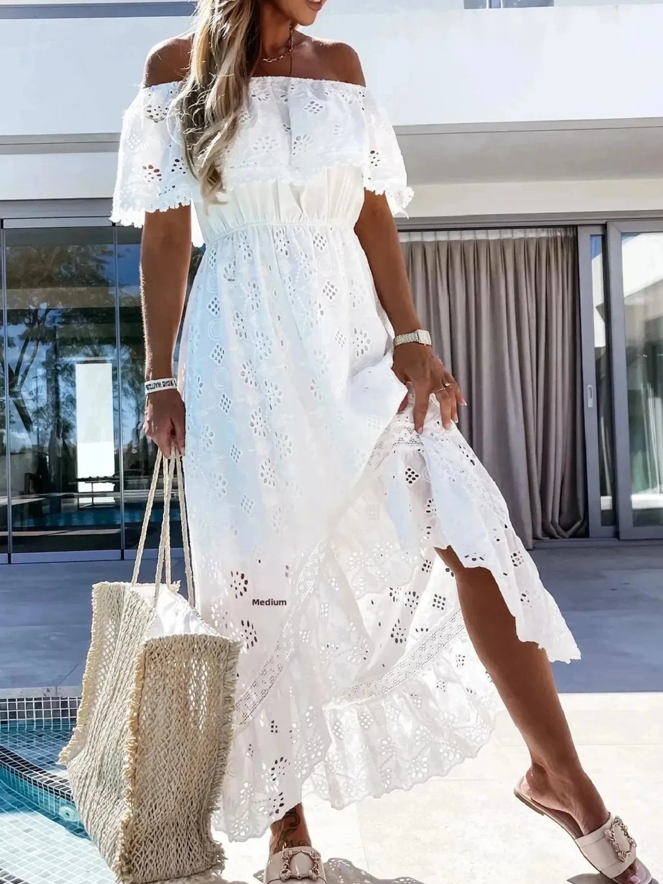 Eyelet Ruffled Hem Off-Shoulder Dress