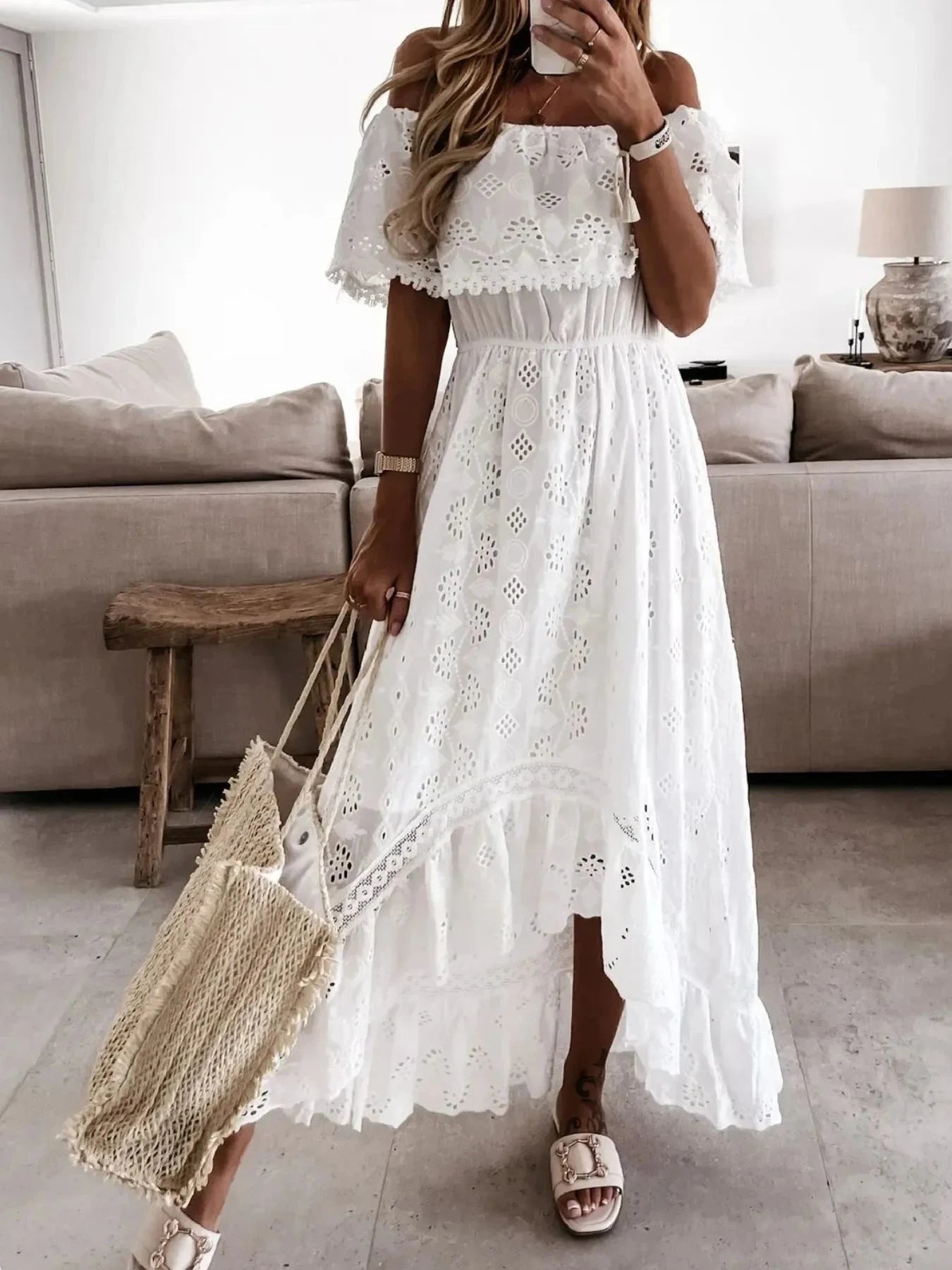 Eyelet Ruffled Hem Off-Shoulder Dress