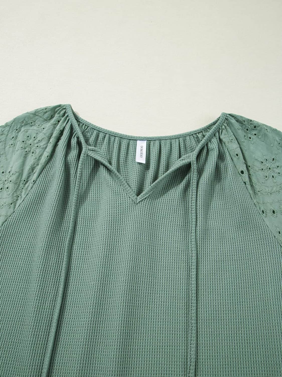 Eyelet Tie Neck Three-Quarter Sleeve Blouse