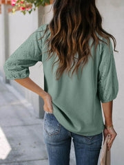 Eyelet Tie Neck Three-Quarter Sleeve Blouse