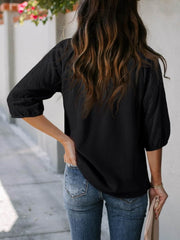 Eyelet Tie Neck Three-Quarter Sleeve Blouse