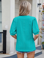 Eyelet V-Neck Puff Sleeve Casual Top