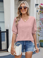 Eyelet V-Neck Puff Sleeve Casual Top Dusty Pink / S