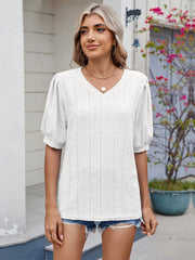 Eyelet V-Neck Puff Sleeve Casual Top White / S