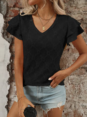 Eyelet V-Neck Ruffled Cap Sleeve Top