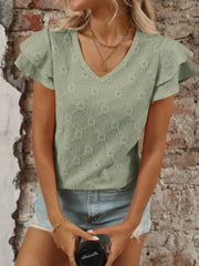 Eyelet V-Neck Ruffled Cap Sleeve Top