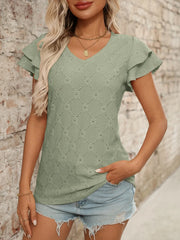 Eyelet V-Neck Ruffled Cap Sleeve Top