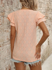 Eyelet V-Neck Ruffled Cap Sleeve Top