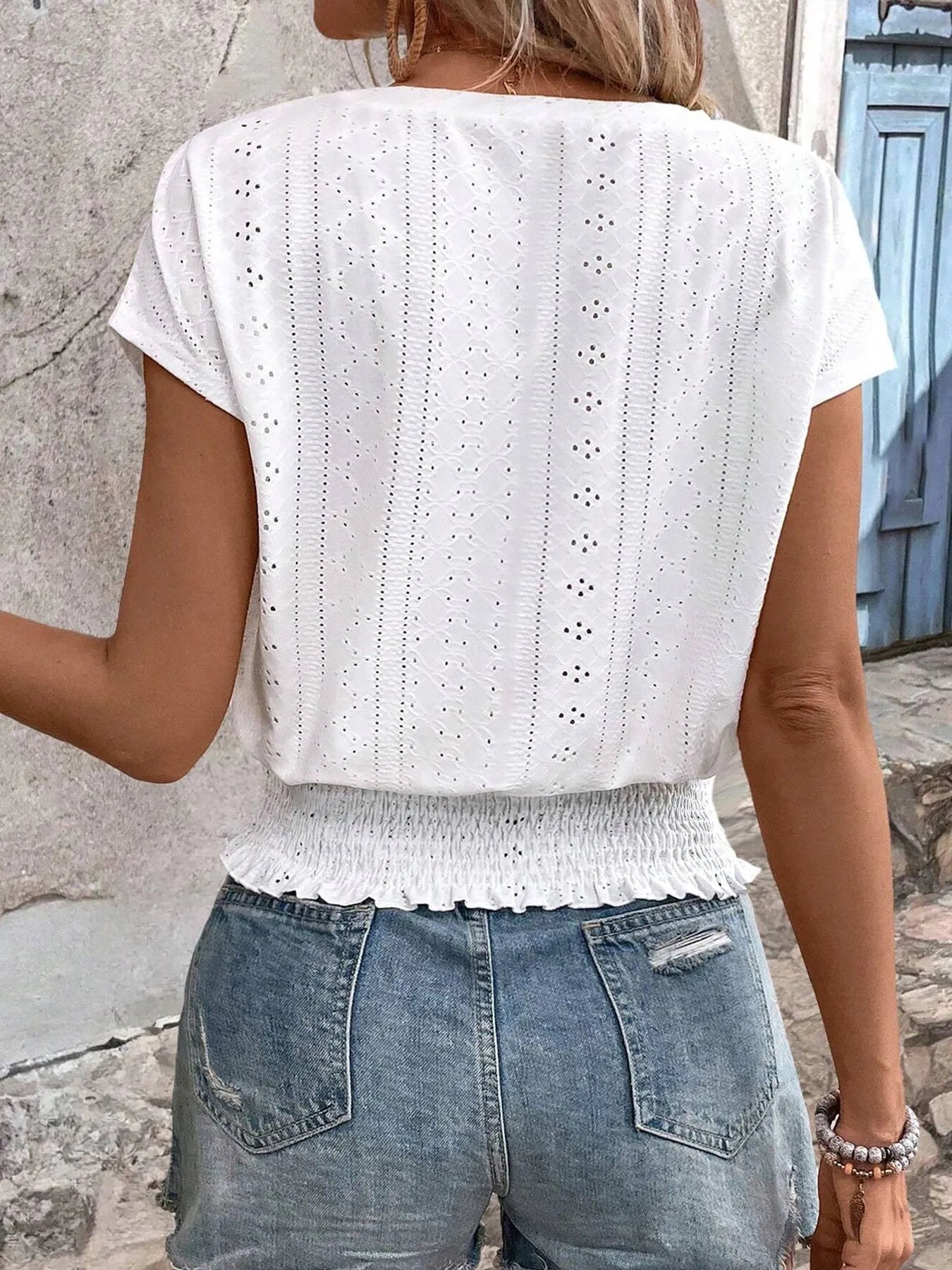 Eyelet V-Neck Short Sleeve Blouse