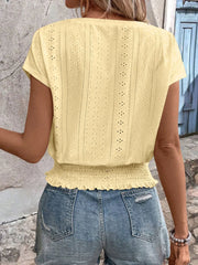 Eyelet V-Neck Short Sleeve Blouse