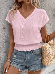 Eyelet V-Neck Short Sleeve Blouse Pink / S