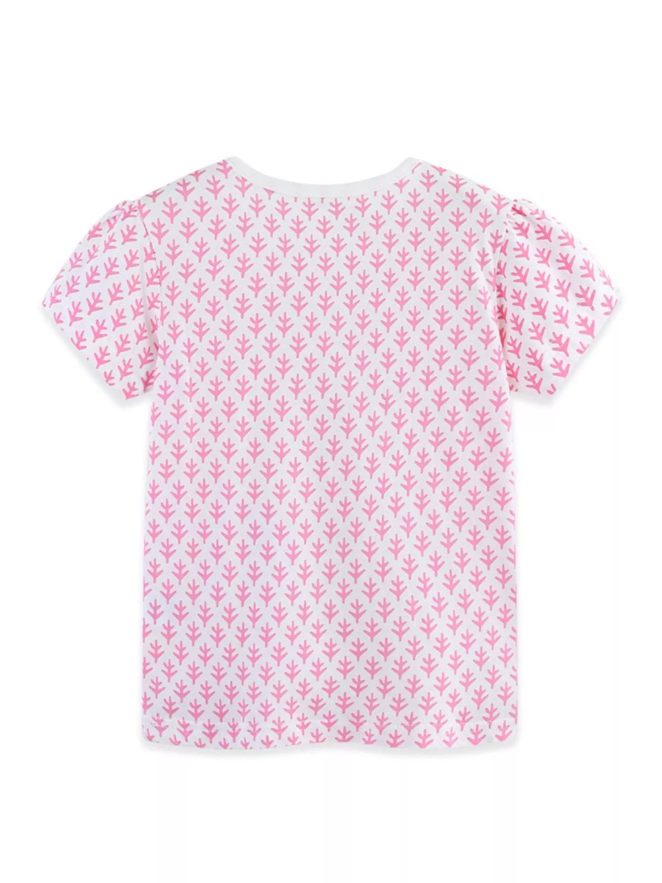 Back view of the blush pink children's tee with an all-over small pink pattern