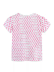 Back view of the blush pink children's tee with an all-over small pink pattern