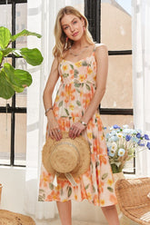 Vestido midi con espalda fruncida y tirantes ajustables con estampado floral de ADORA