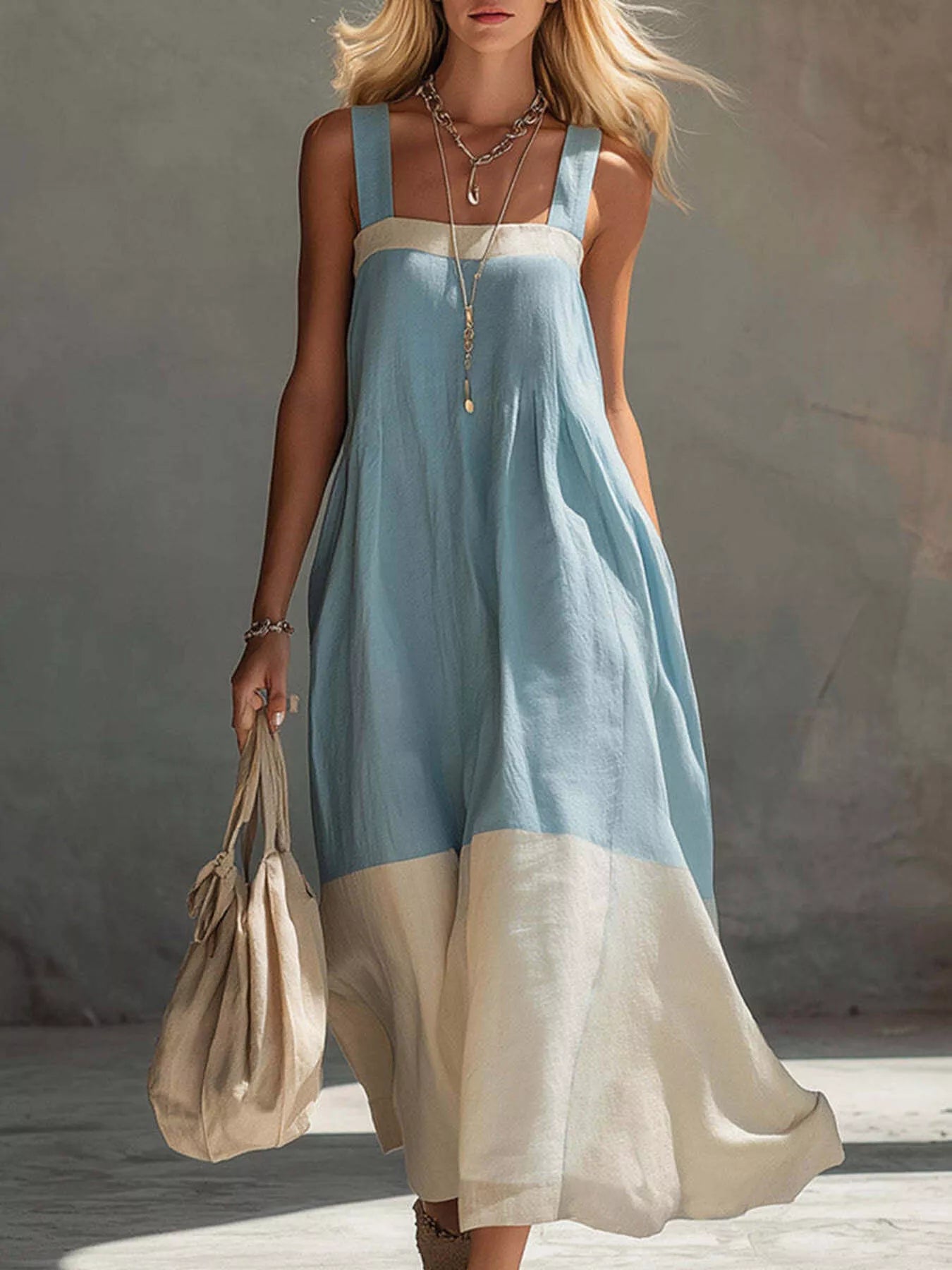 Front full length view on model of light blue color block sleeveless linen blend midi dress